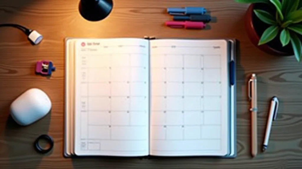 Overhead view of organized planning materials and notebooks