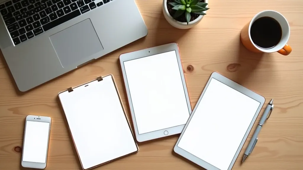 Multiple devices on a desk showing synchronized note-taking across phone, tablet, and laptop