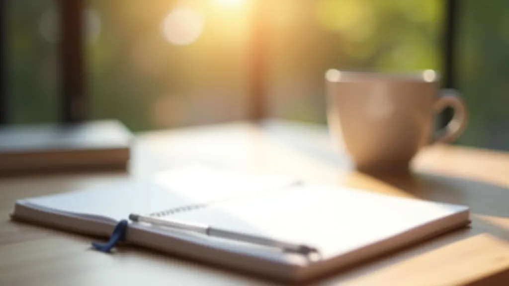 Desk with open notebook, pen, and coffee cup in morning sunlight