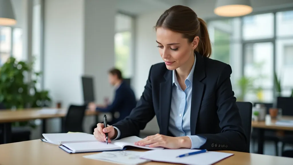 Person writing in blank planner with organized workspace and calm expression