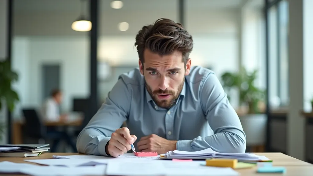 Desk with crumpled papers and frustrated person looking at cluttered workspace