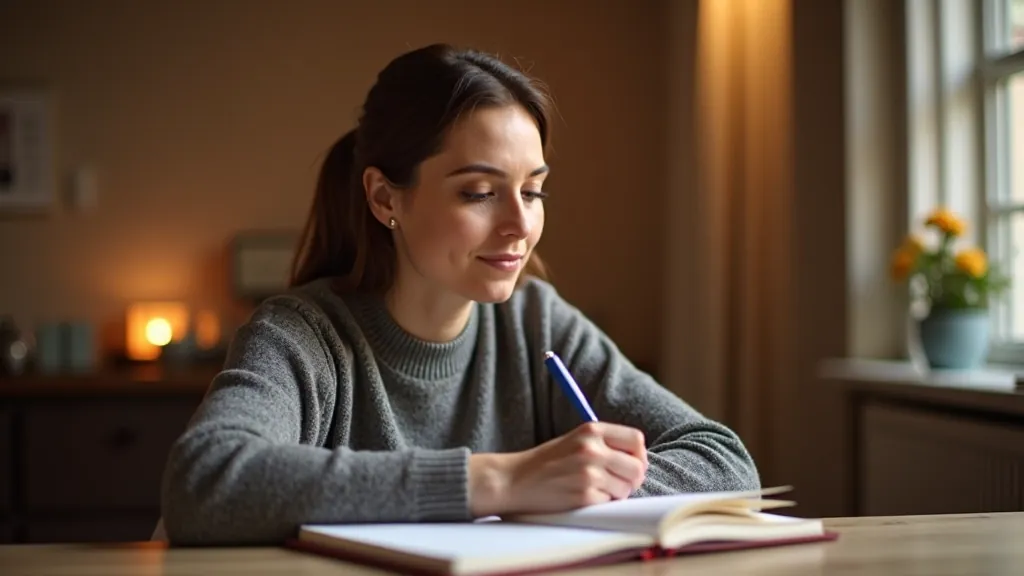 Person reviewing daily planner in the evening with coffee, reflection and planning for next day
