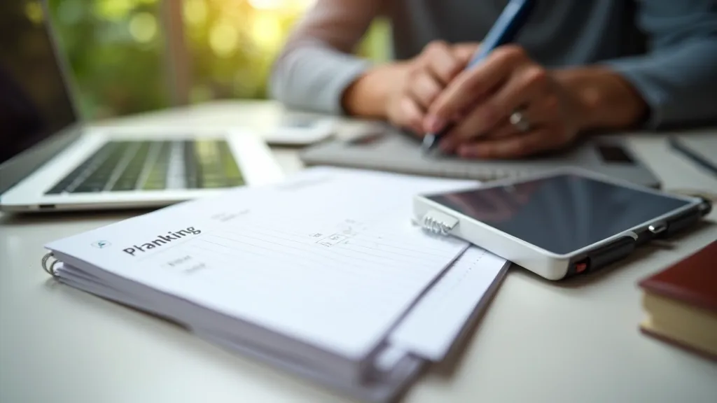 Planning materials and productivity tools on a workspace desk