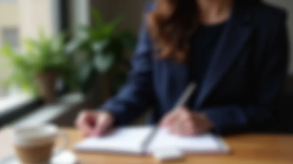 Professional woman at desk with notebook and coffee, focused morning work session